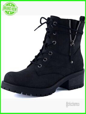 Kobe Heel Combat Boots Lace-Up Zip Side Vegan Leather Memory Foam